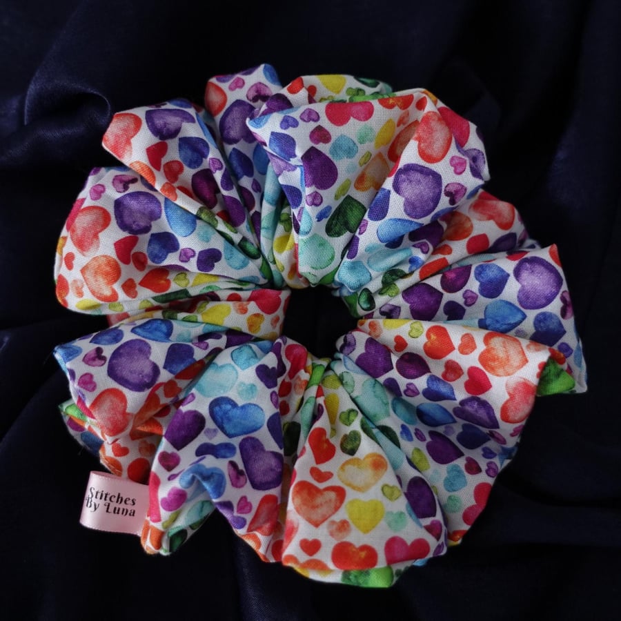 Rainbow Hearts Oversized XXL Scrunchies, Heart Print Scrunchies Handmade
