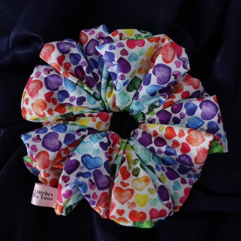 Rainbow Hearts Oversized XXL Scrunchies, Heart Print Scrunchies Handmade