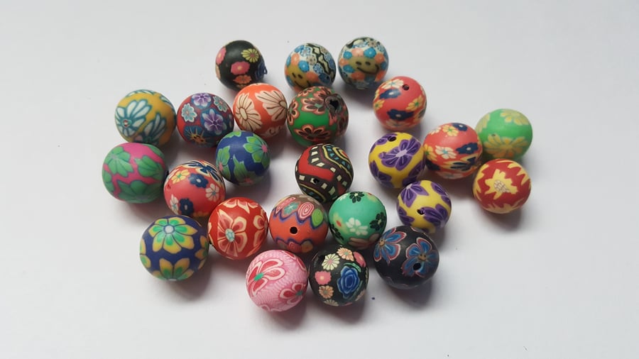 15 x Polymer Clay Beads - Round - 12mm - Mixed Designs 