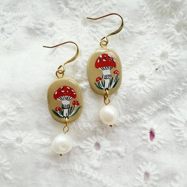 Mushroom Earrings with Pearls - Polymer Clay