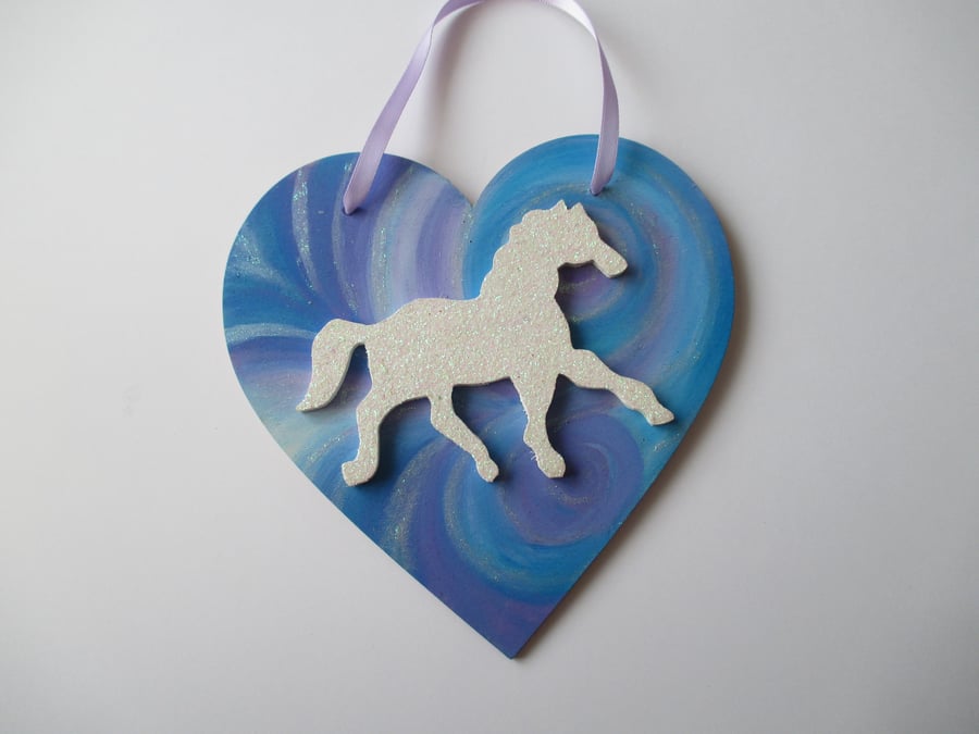 Horse Pony Unicorn Love Heart Hanging Decoration White Twinkly Glittery Wood 