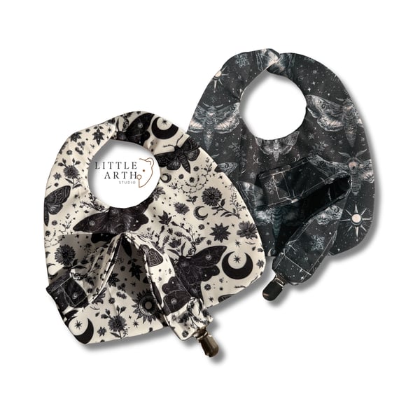Gothic Baby Bibs with Moths Celestial Print With Dummy Clip, 0-6 months