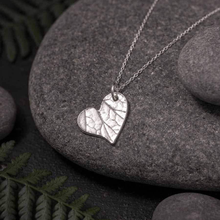 Silver Heart Necklace With Leaf Texture