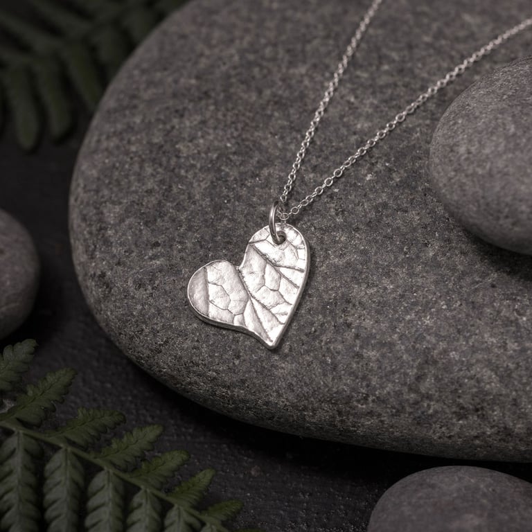 Silver Heart Necklace With Leaf Texture