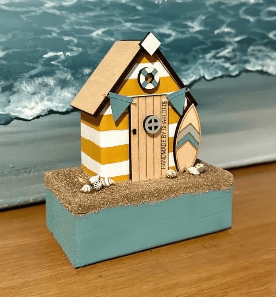 Handmade Wooden Yellow Beach Hut Ornament with Sand and Seashells