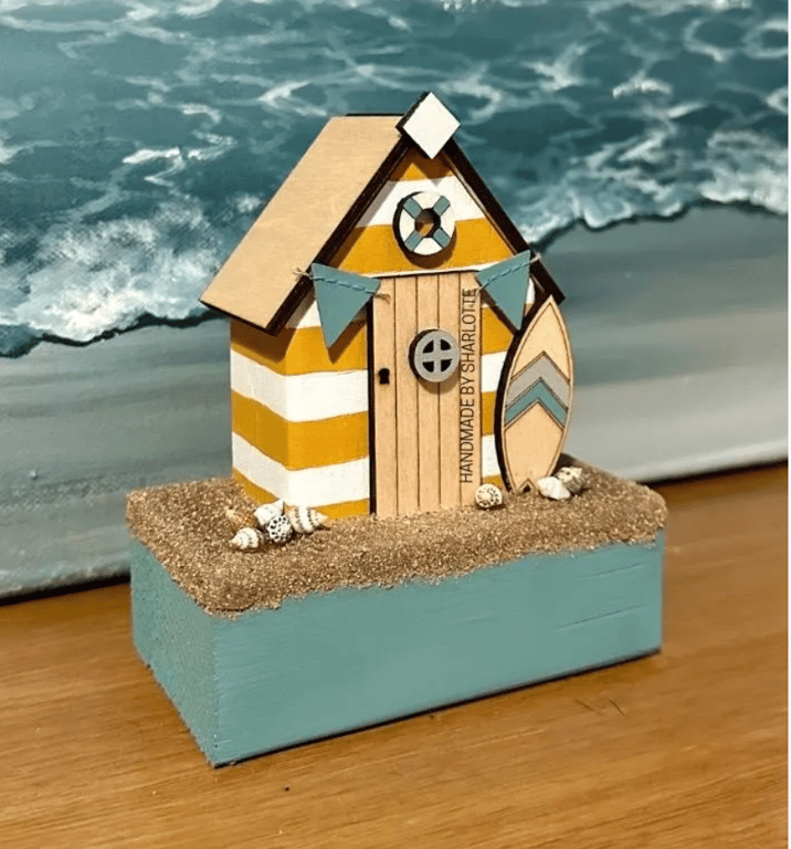 Handmade Wooden Yellow Beach Hut Ornament with Sand and Seashells