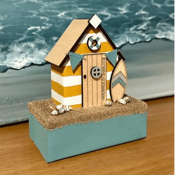 Handmade Wooden Yellow Beach Hut Ornament with Sand and Seashells