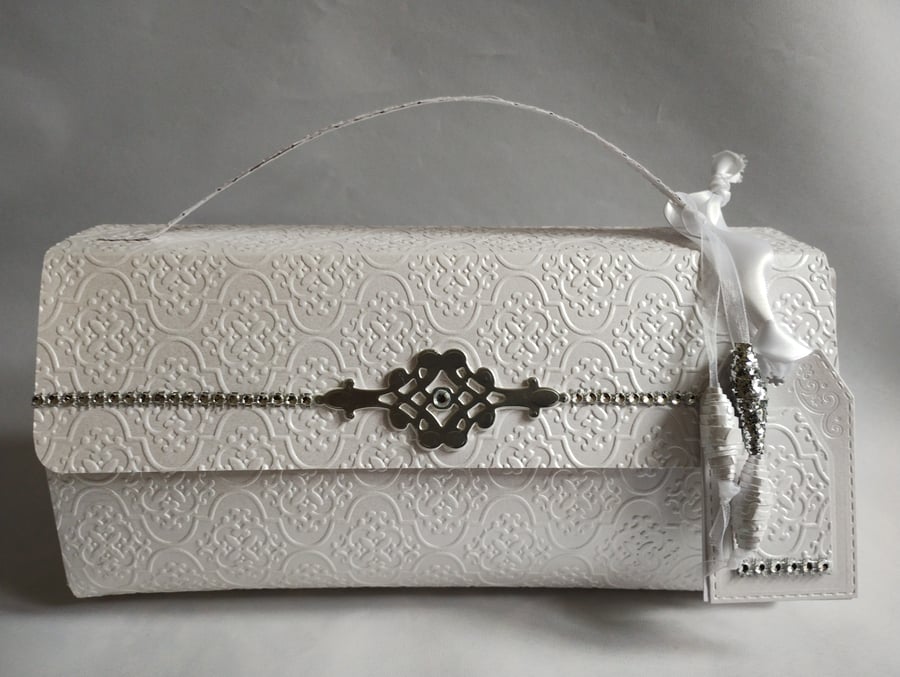 Unique Gift Box Portmanteau Handbag Style White Pearl Tapestry silver detail