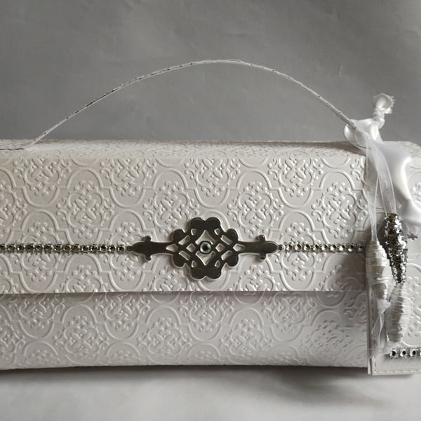 Unique Gift Box Portmanteau Style White Pearl Tapestry  & silver detail