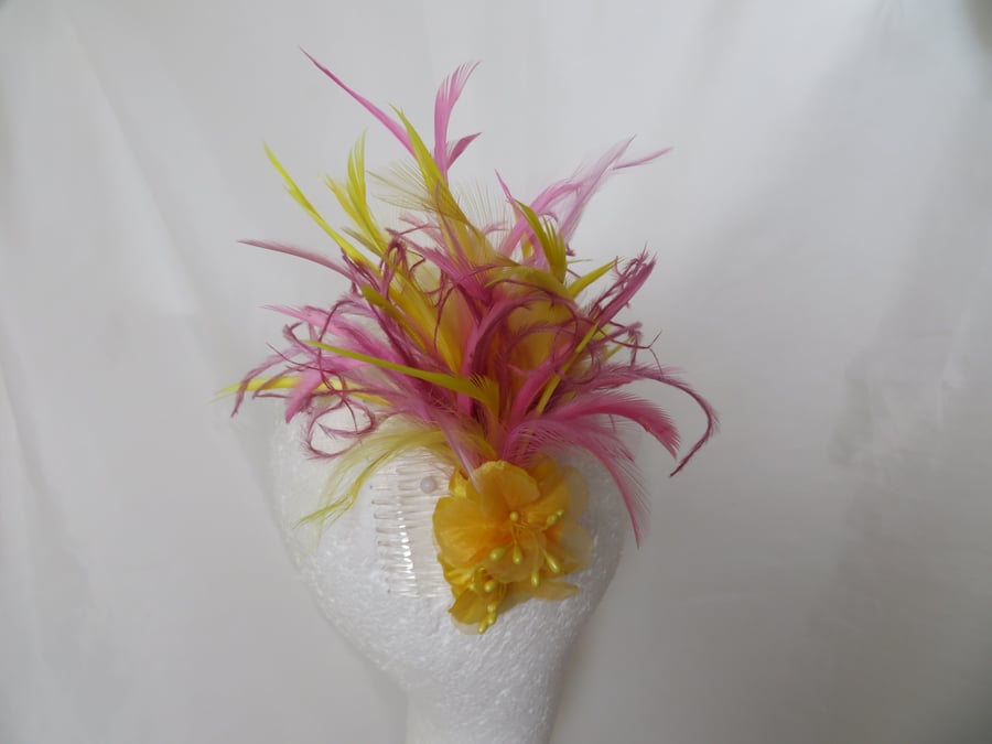 Yellow Shades and Lavender Pink Flower Cluster & Feather Clip Vintage Regency