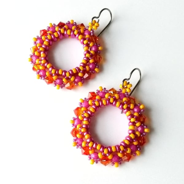 Summer Hoop Earrings in Magenta Pink and Orange