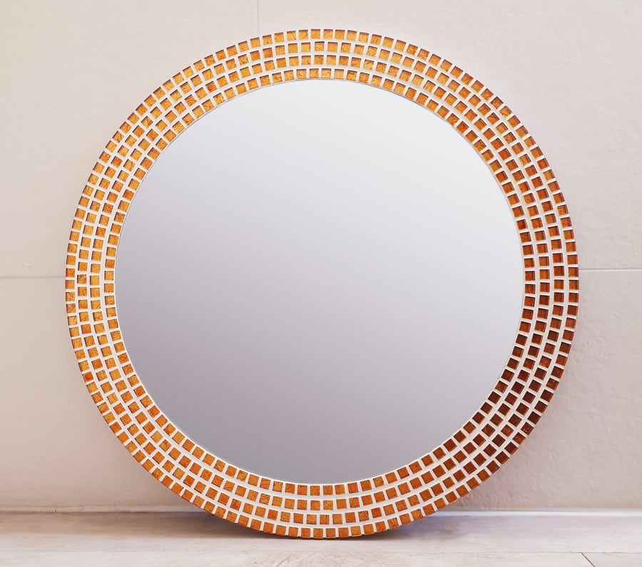 Round Mosaic Wall Mirror in Burnt Orange Copper
