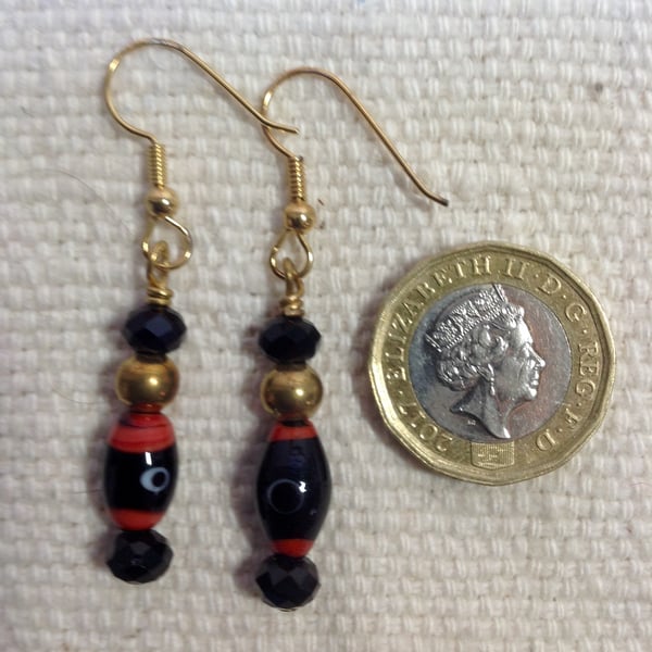 Black vintage Murano glass beads earrings with brass rounds and french jet