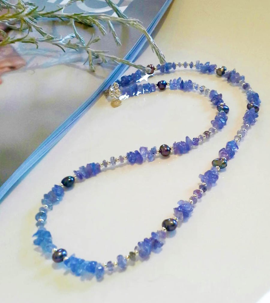 Tanzanite & Freshwater Pearl Sterling Silver Necklace