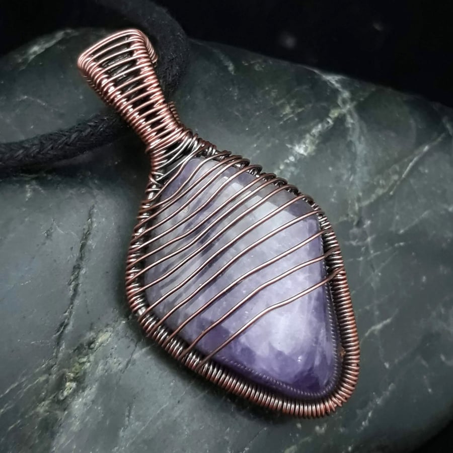 Copper Wire Wrapped Amethyst Tumblestone Pendant