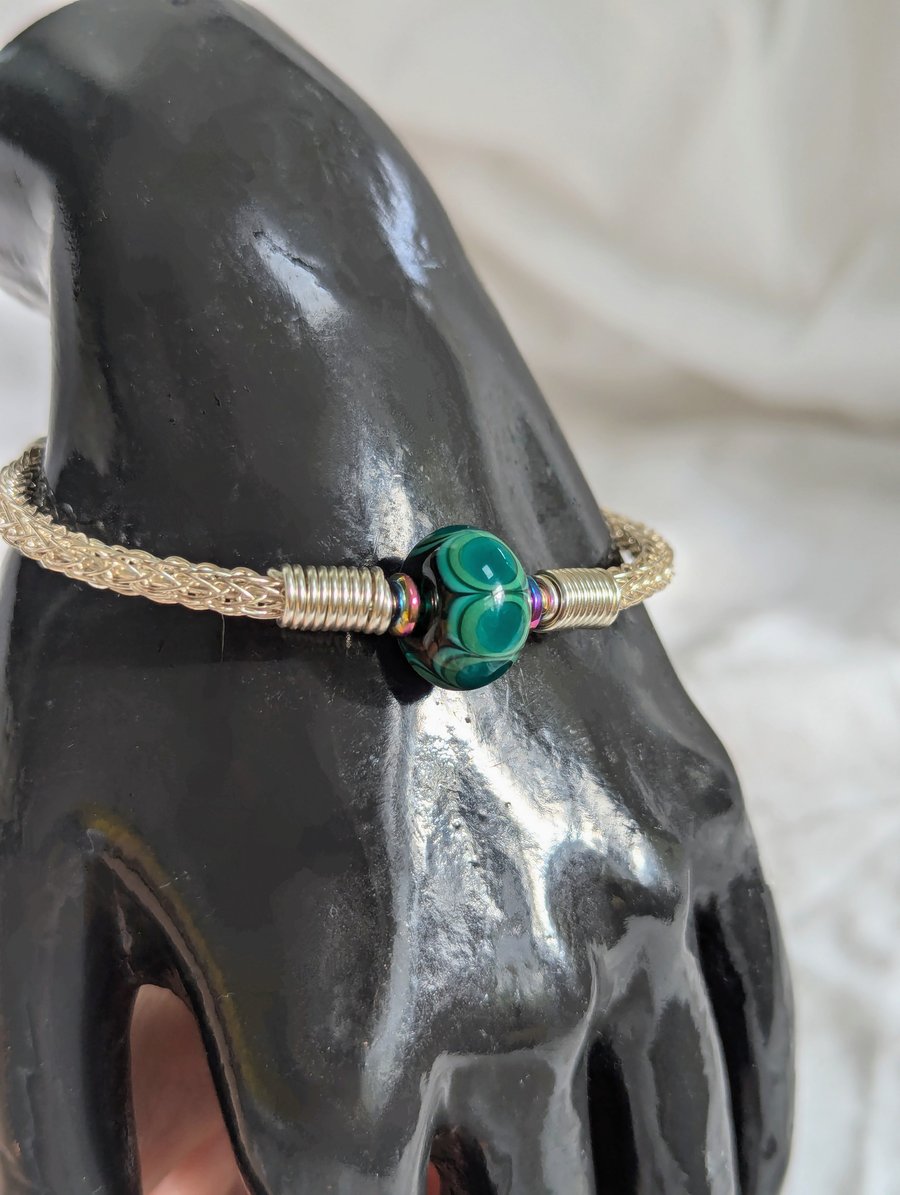 Silver Plated Wire Bracelet with Glass Bead                             