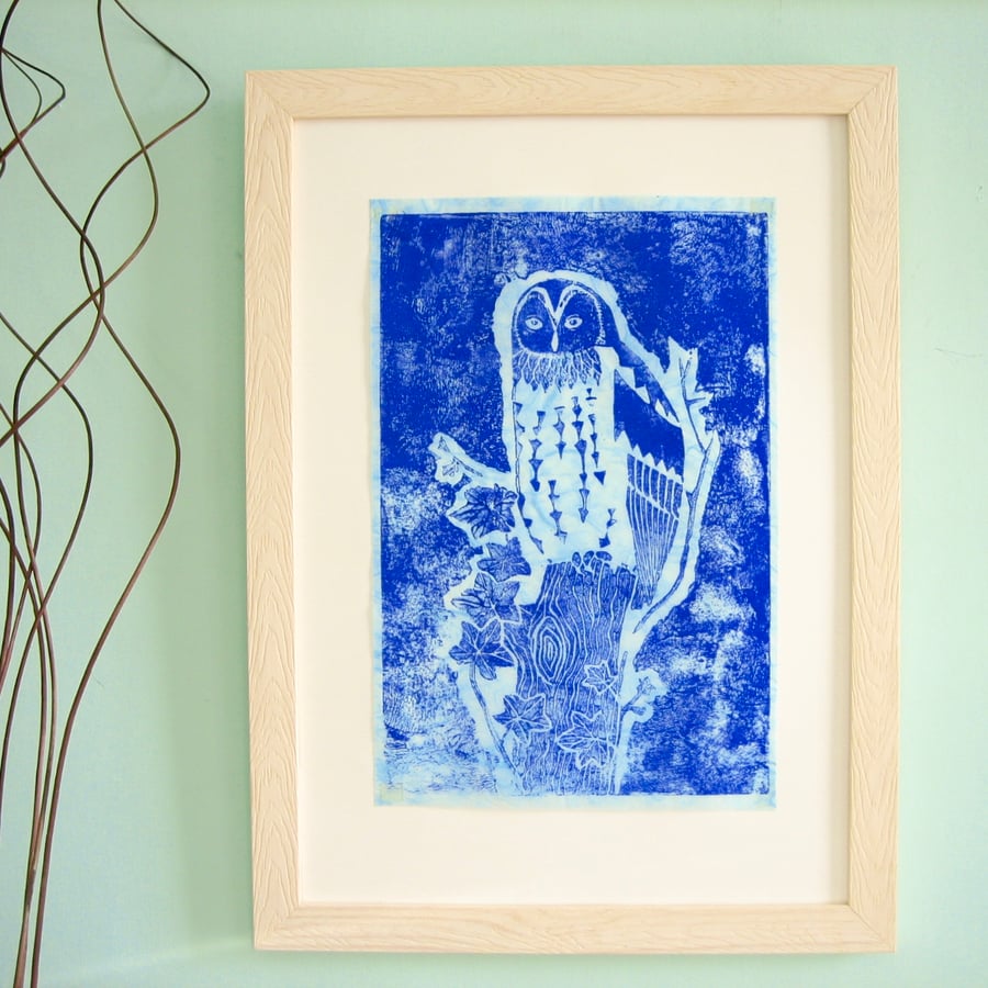 Owl Linocut Print, Blue on Blue