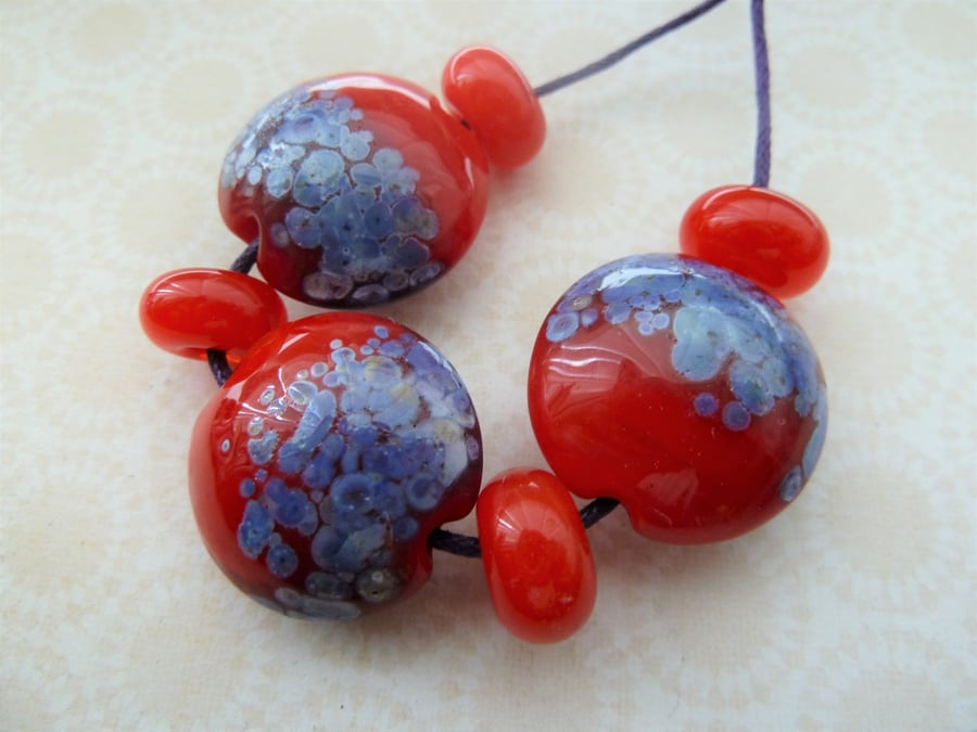 lampwork glass beads, red and purple set