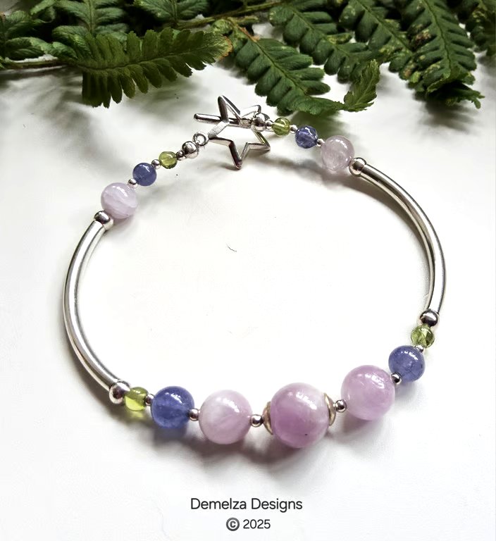 Designer Pink AA Grade kunzite, Tanzanite & Peridot Sterling Silver Bangle