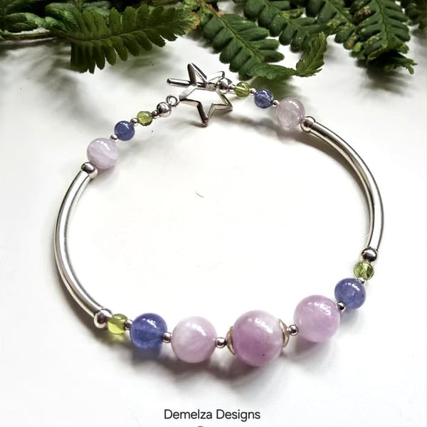 Designer Pink AA Grade kunzite, Tanzanite & Peridot Sterling Silver Bangle