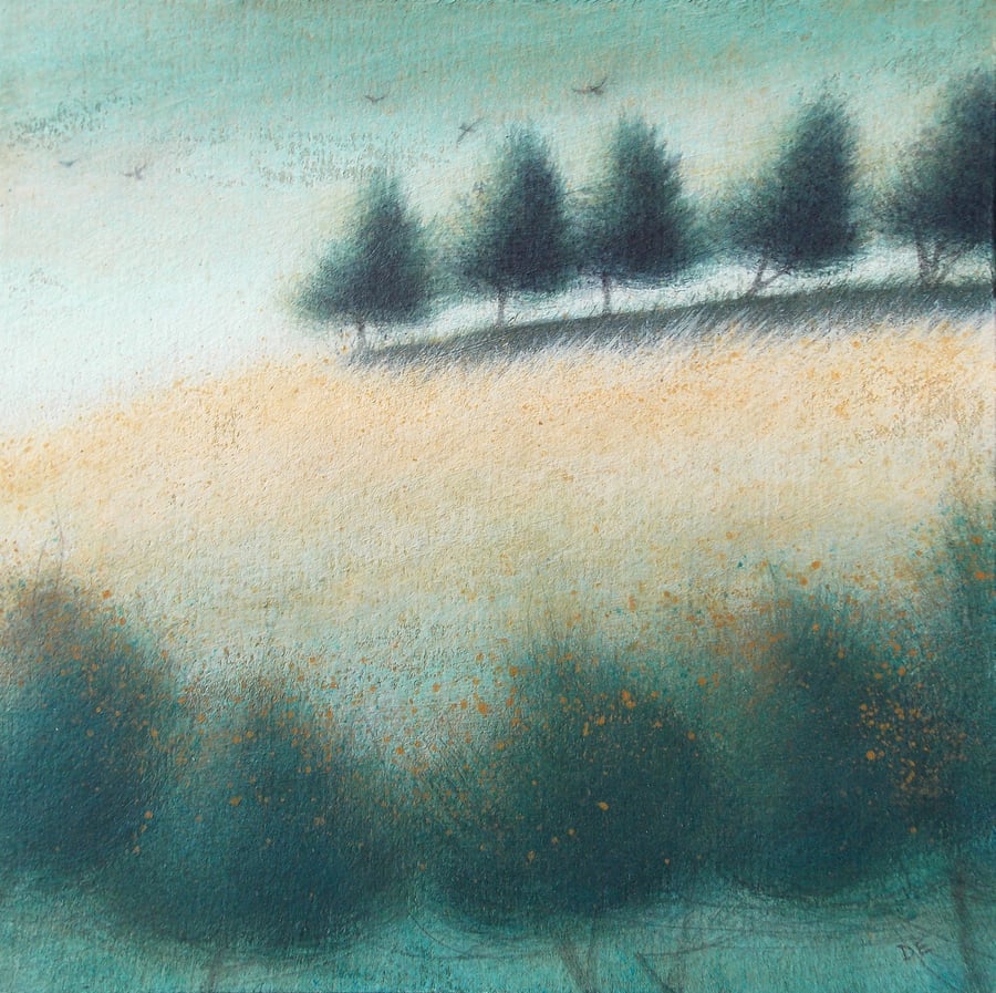Hilltop Trees - Original Acrylic Landscape Painting,15cms x 15cms, Unframed
