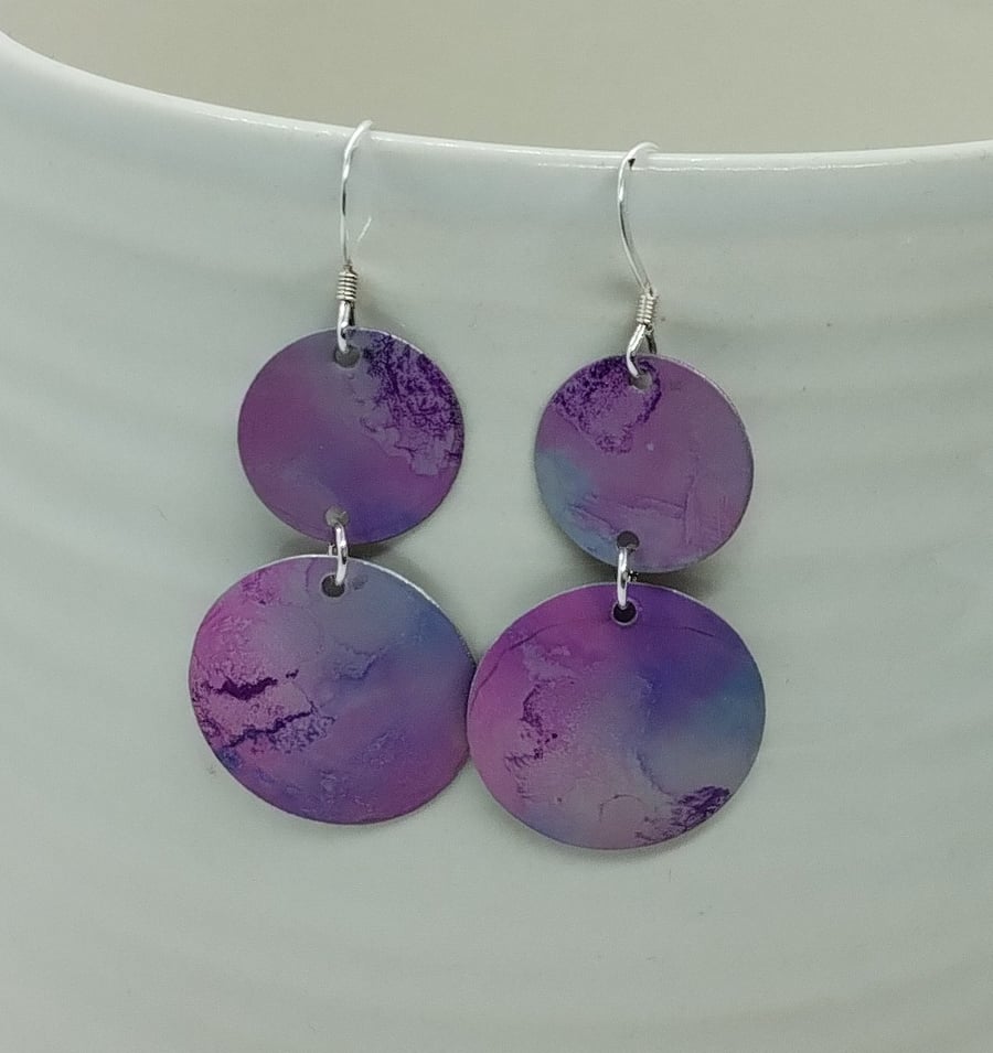 Lilac and pink hand dyed aluminium earrings