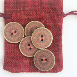 Red Mandala style Wood buttons 1" , 25mm across