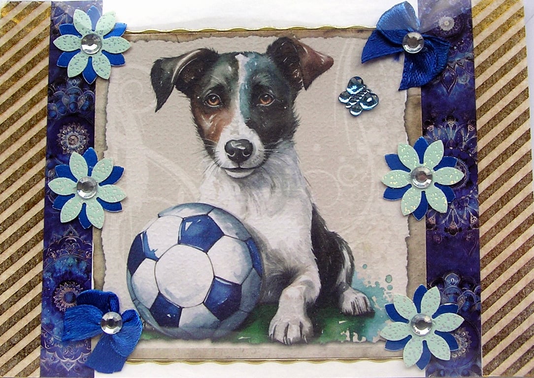 Jack Russell Dog with Football - Hand Crafted Decoupage Greeting Card (2999)