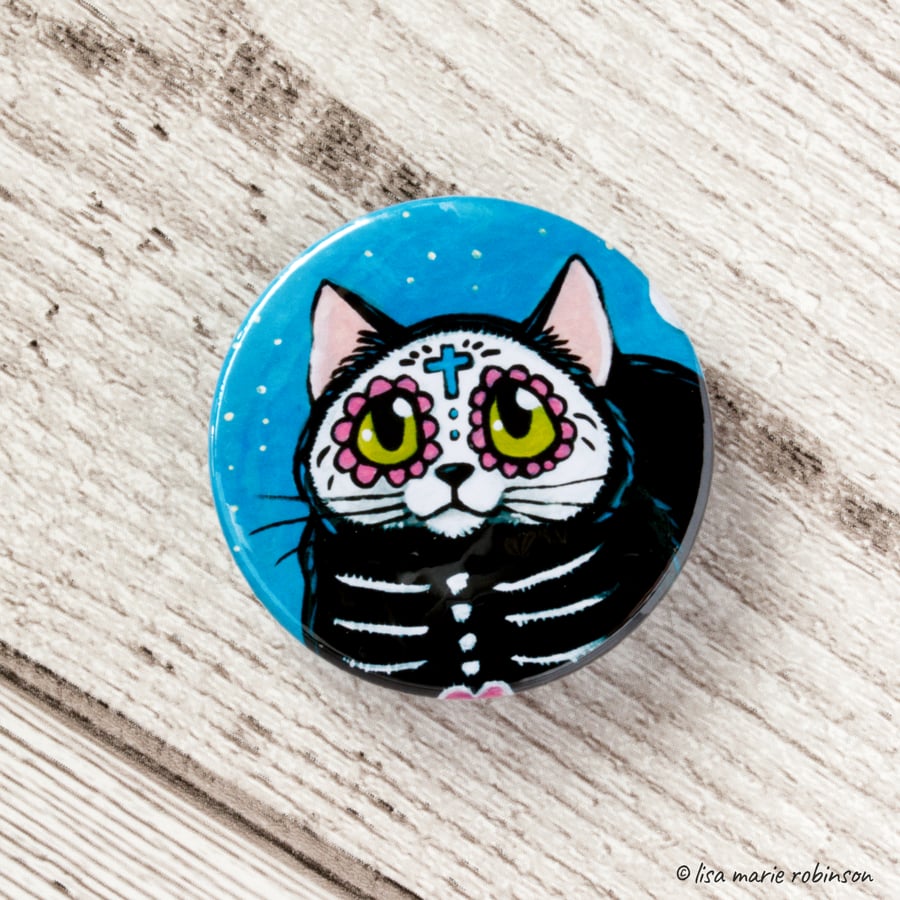 Day of the Dead Black Cat Badge - 38mm