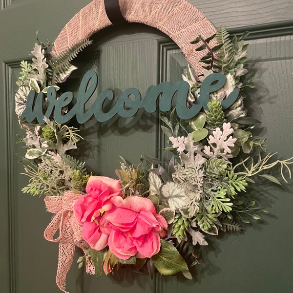 Summer Wreath 40cm – Pink Roses Welcome Door Decor