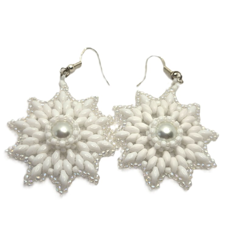 White beaded snowflake drop earrings with faux pearl centres
