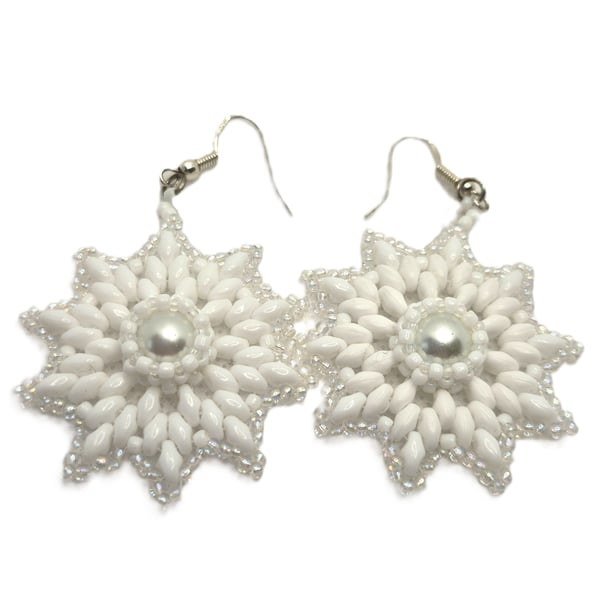 White beaded snowflake drop earrings with faux pearl centres