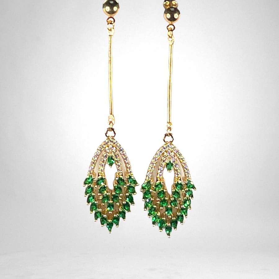 CRYSTAL DROP EARRINGS GREEN MARQUISE SET gold plate 