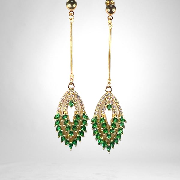 CRYSTAL DROP EARRINGS GREEN MARQUISE SET gold plate 