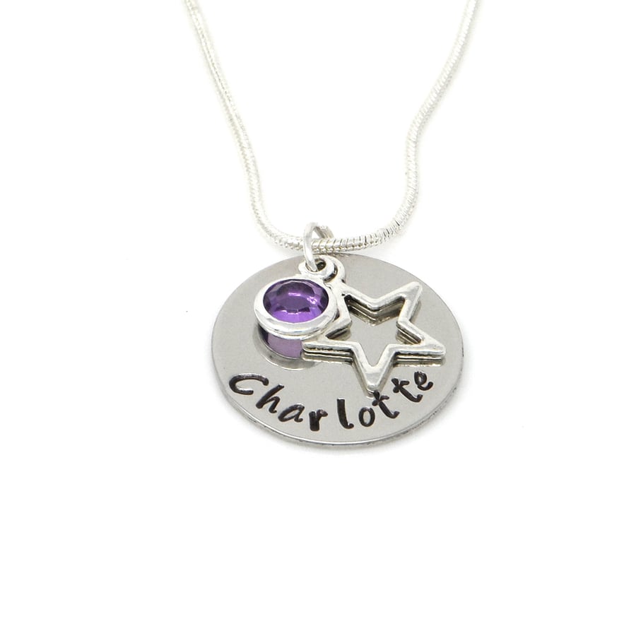 Childs Personalised Name Necklace with Star Charm and Birthstone - Free Delivery
