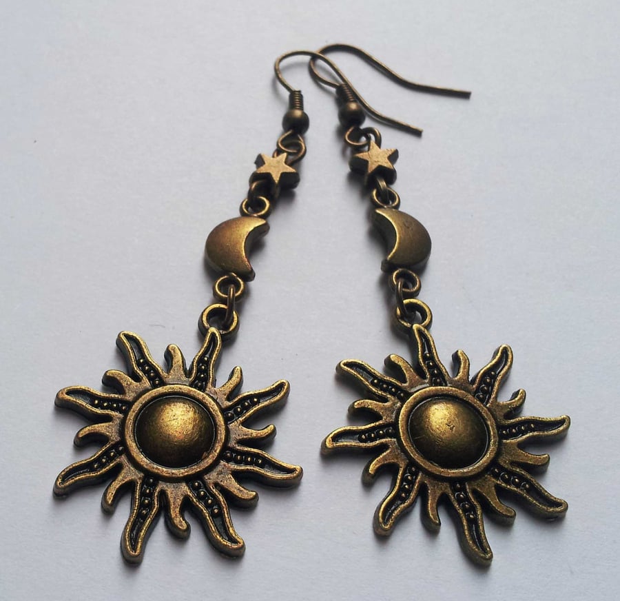 Bronze Sun Moon Star Dangling Celestial Earrings