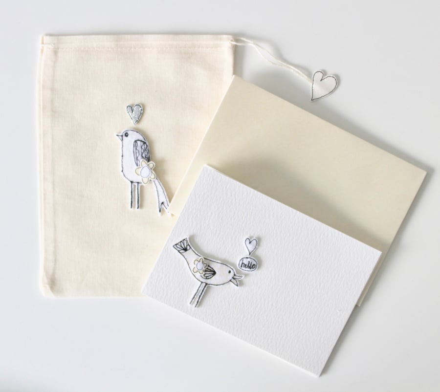 'Birdie' - A fabric pouch of Six Postcards with Envelopes