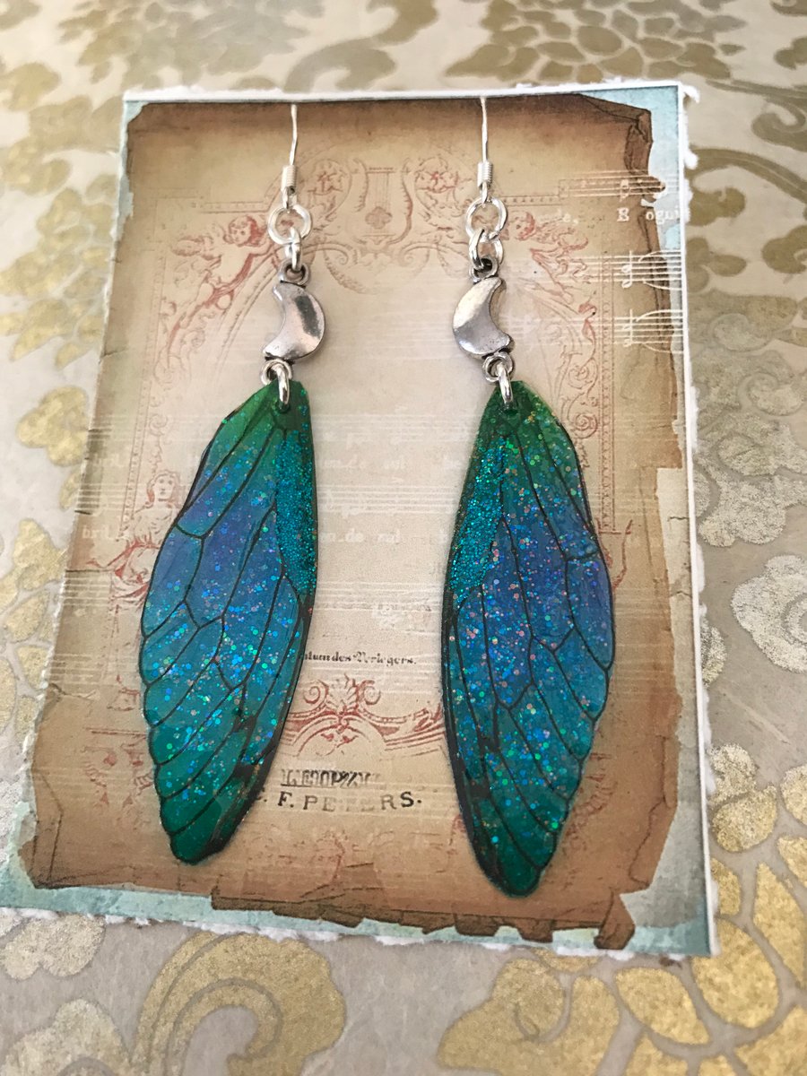 Blue and Green Crescent Moon Fairy Wing Earrings Sterling Silver