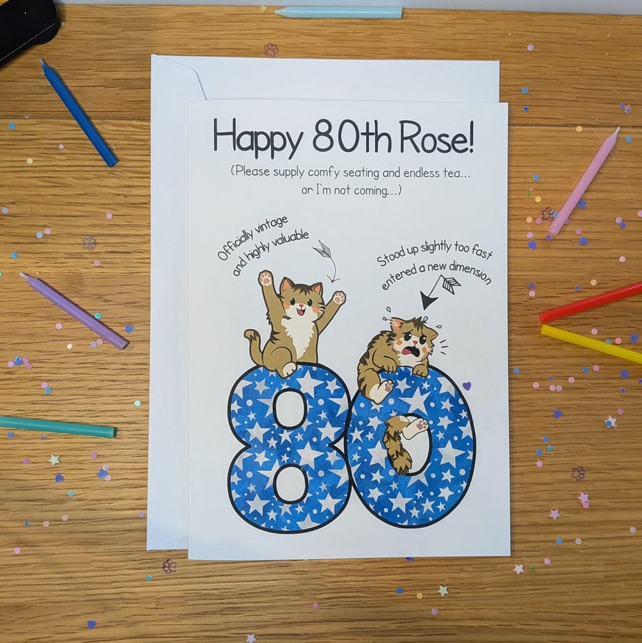 Funny Cat 80th Birthday Card, Sarcastic Feline Milestone, Cat Lovers Gift A5
