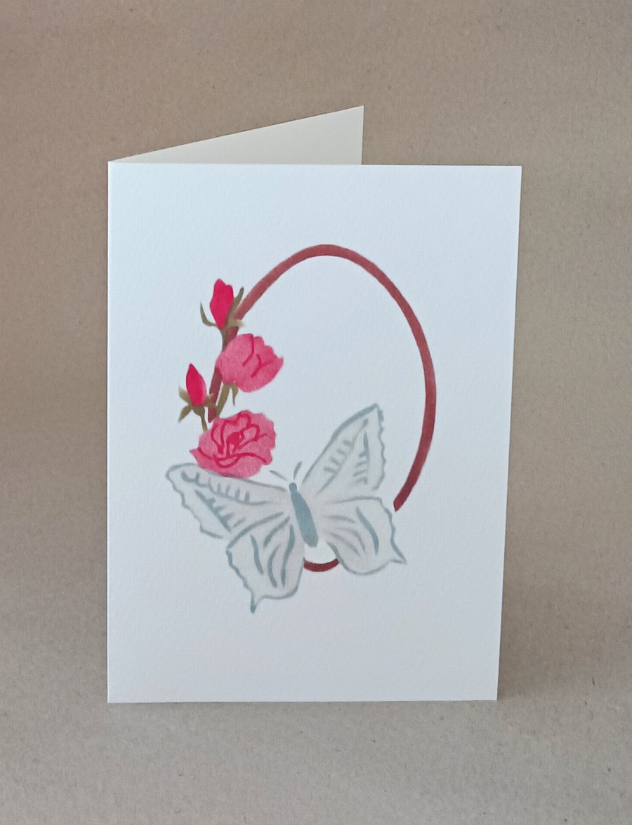 Butterfly Rose handmade card, blank inside notecard, new home card, wedding card