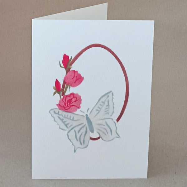 Butterfly Rose handmade card, blank inside notecard, new home card, wedding card
