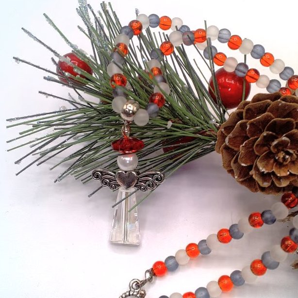 Beaded Christmas Angel Pendant on a Red Black & White Beaded Necklace