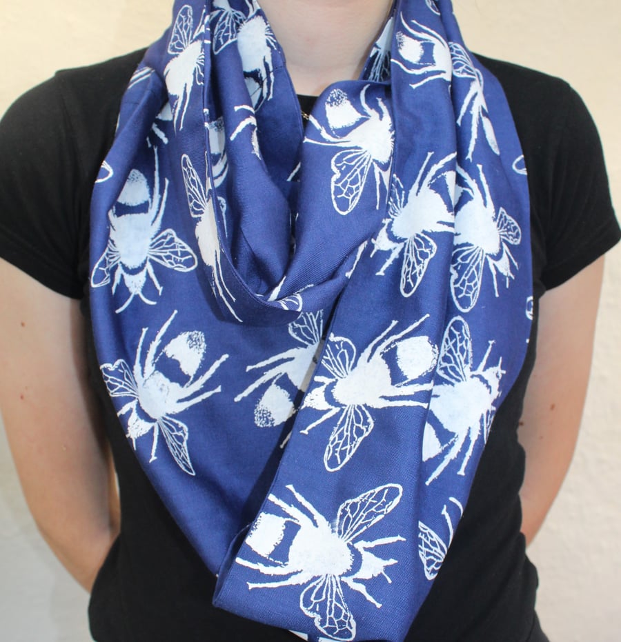 Blue and white bee print, designer scarf, hand printed,cotton blend scarf, gift