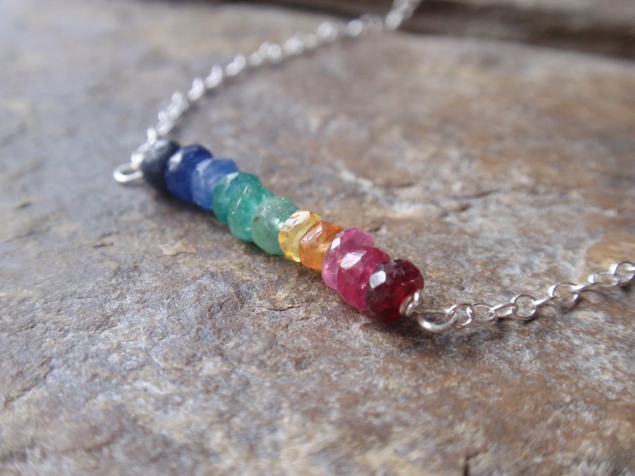 Sterling silver gemstone necklace rainbow, multi colour Valentine's Day gift 