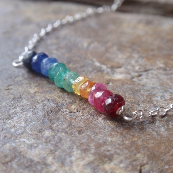 Sterling silver gemstone necklace rainbow, multi colour Valentine's Day gift 