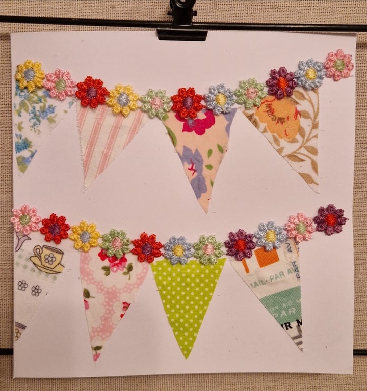 Any occasion card colourful floral bunting handmade fabric & trim