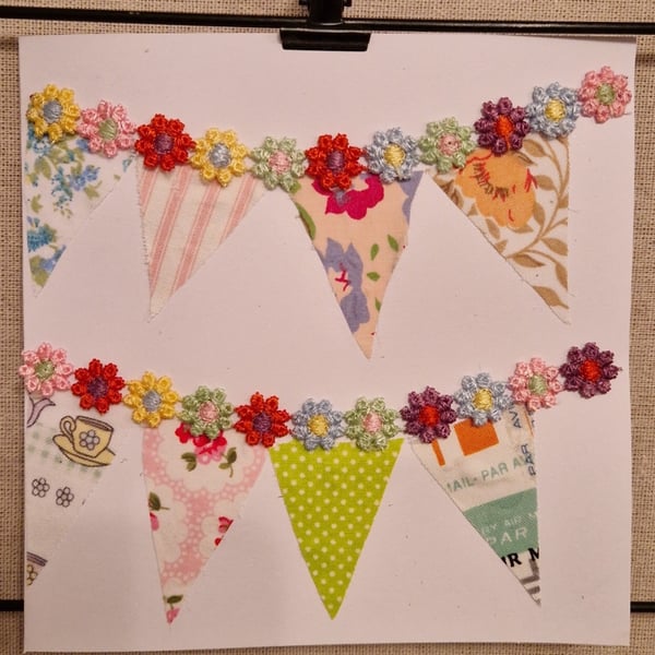 Any occasion card colourful floral bunting handmade fabric & trim