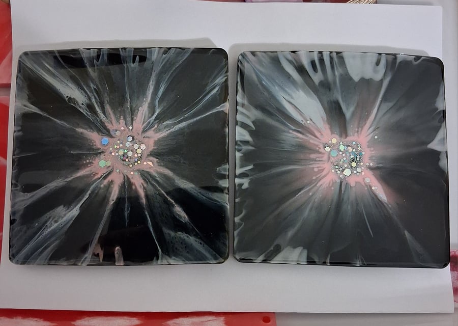 Set of two handmade epoxy resin square coasters. Black, grey, pink 
