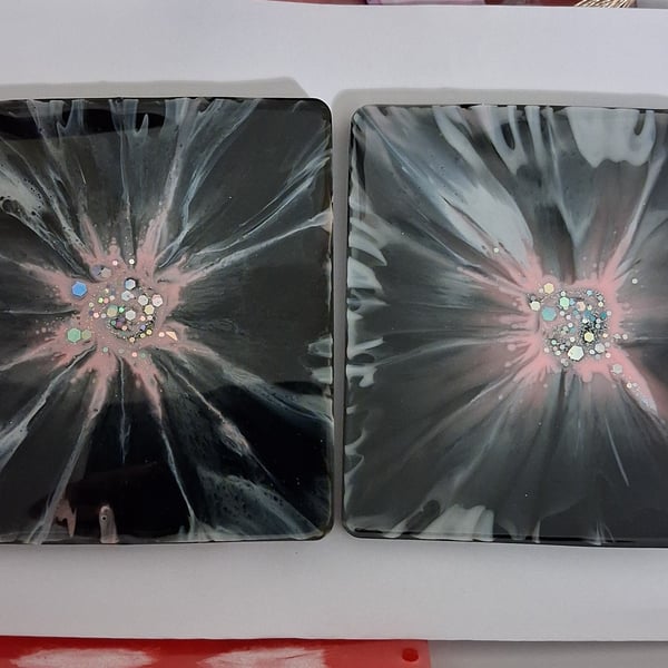 Set of two handmade epoxy resin square coasters. Black, grey, pink 