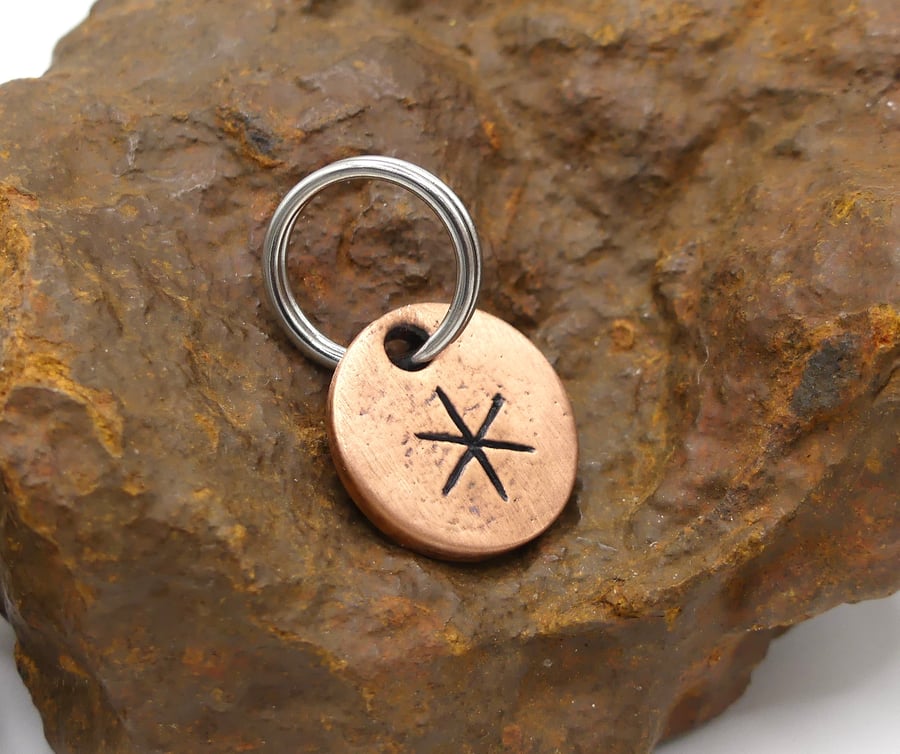 Recycled Round Copper Strength Bindrune Keyring Charm, Bag Charm.